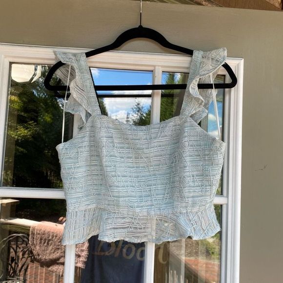 J.O.A. Green Blue Ruffled Embroidered Cropped Tank Top Shirt Sz Small, MSRP $62 - Picture 2 of 6